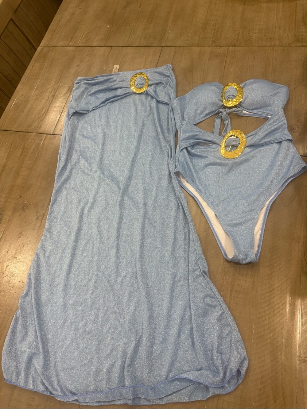 SHEIN Light Blue Shimmer Gold Ring Swimsuit & Cover-Up Set Size M